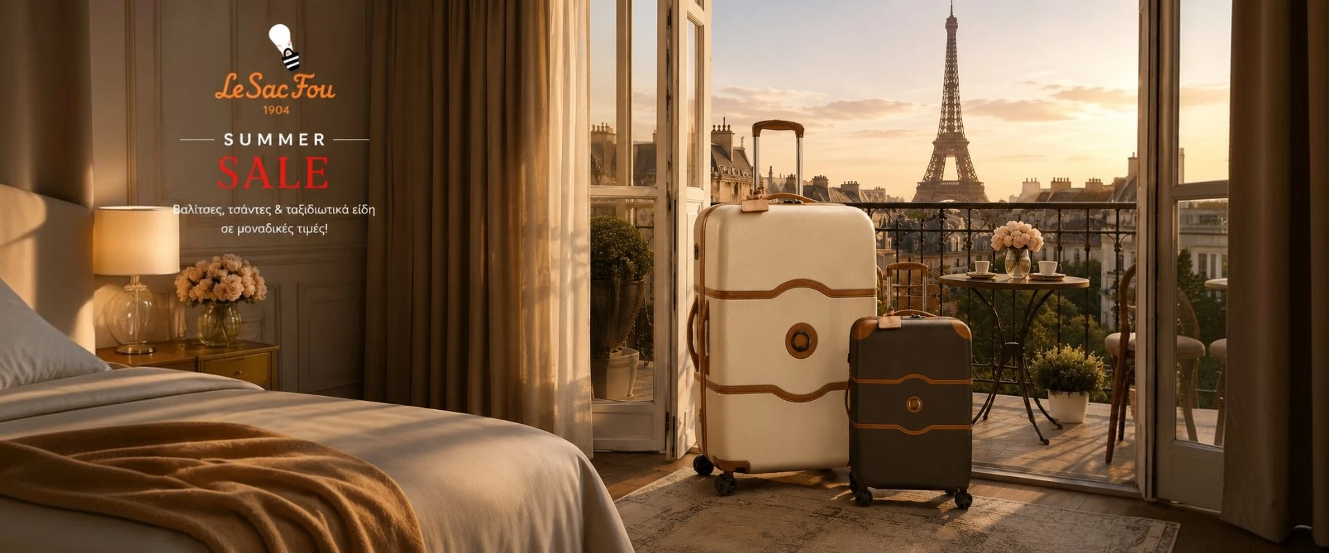 Le Sac Fou καλοκαιρινές εκπτώσεις με βαλίτσες Delsey Chatelet σε πολυτελές σκηνικό στο Παρίσι